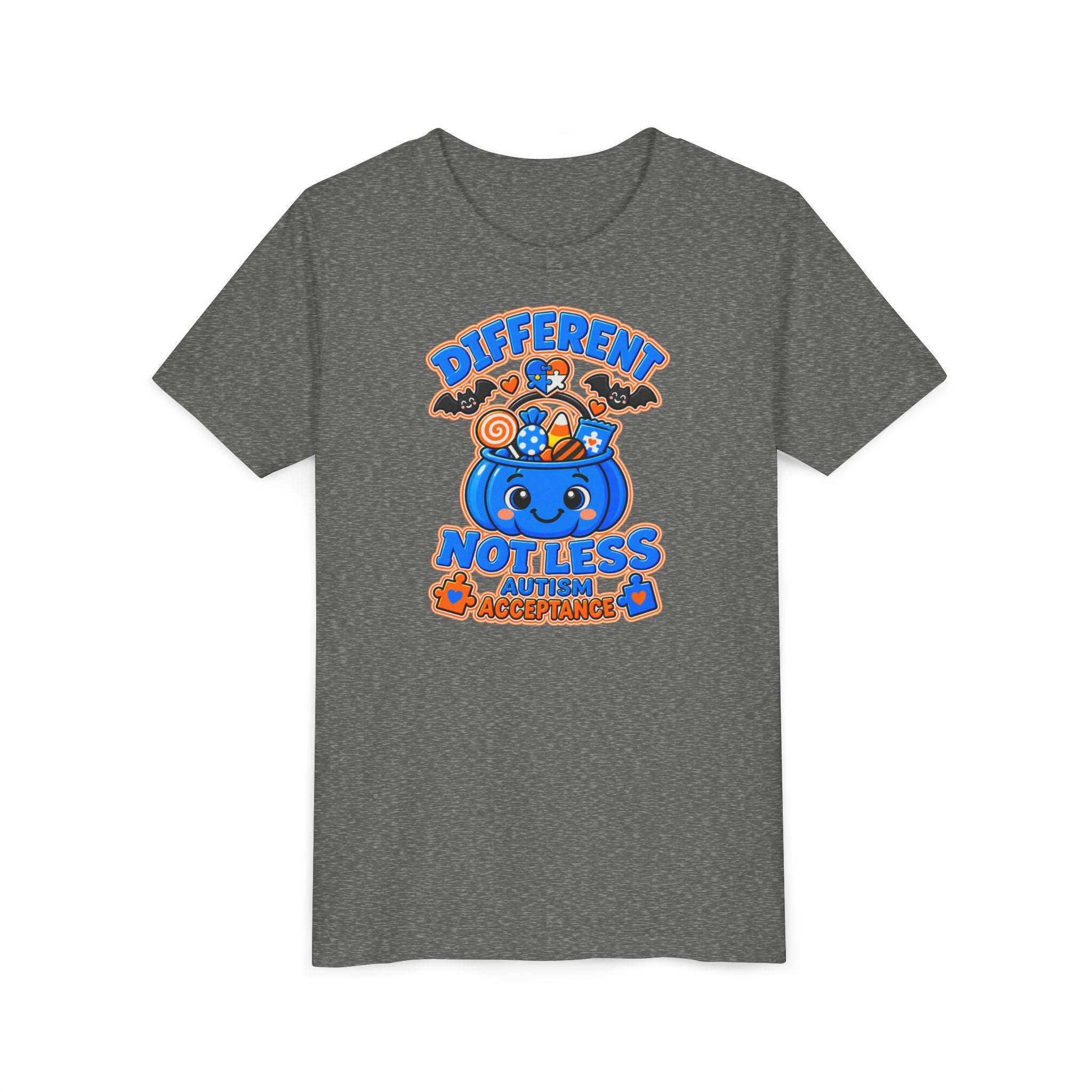 Different Not Less Halloween Shirt, Autism Acceptance Pumpkin Tee, Kids Halloween Autism Awareness T-Shirt, Trick or Treat Bucket Gift