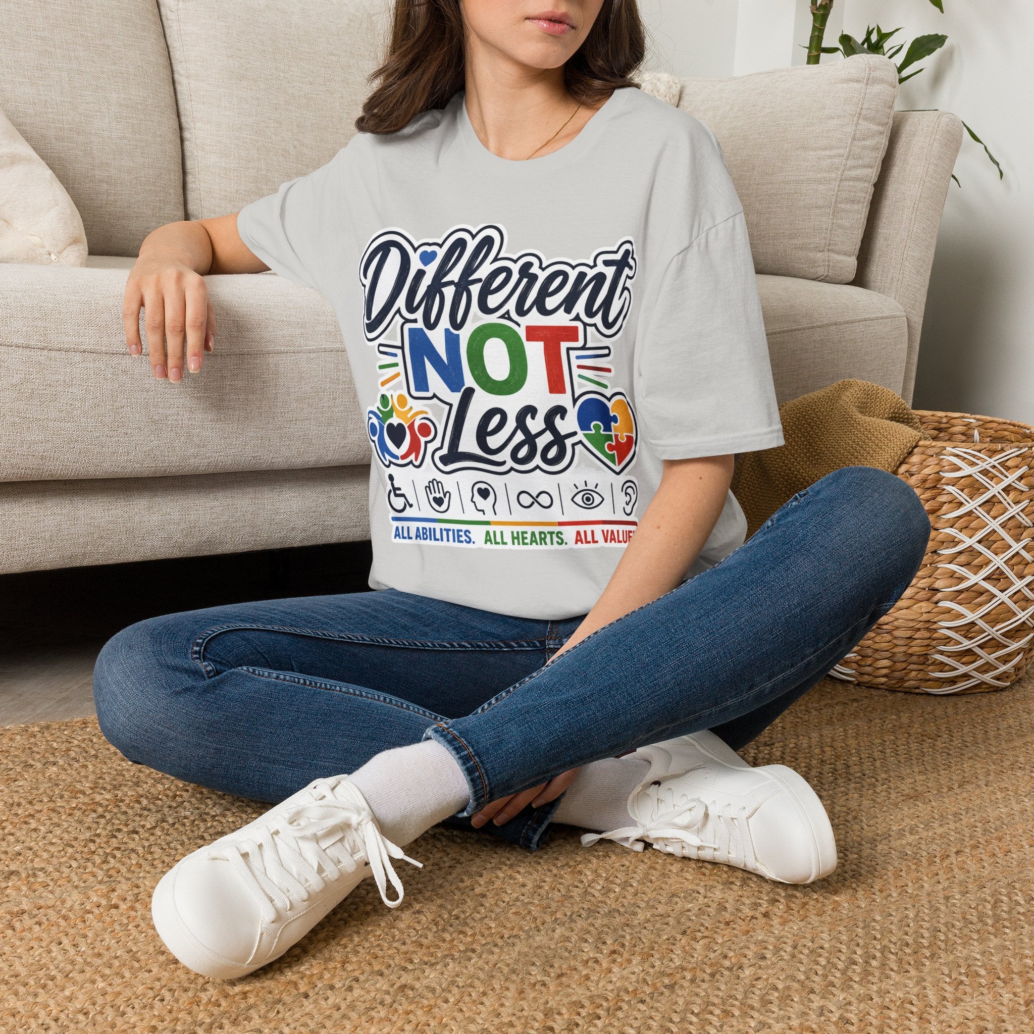 Different NOT Less T-Shirt | Disability Pride, Inclusive Rainbow Design