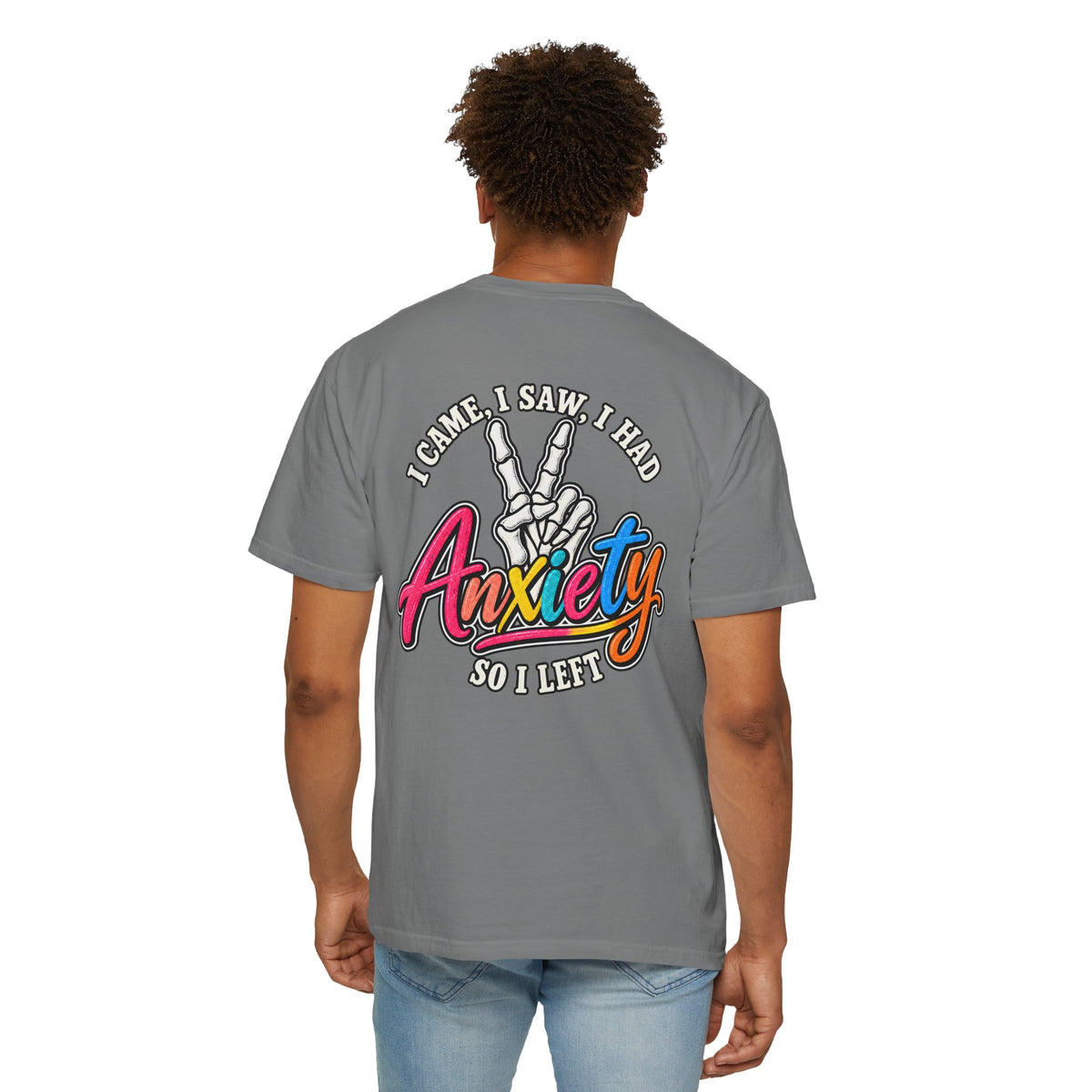 Anxiety Skeleton Peace Sign T-Shirt, I Came I Saw I Fled Retro Script Shirt, Funny Mental Health Tee, Anxiety Humor Gift