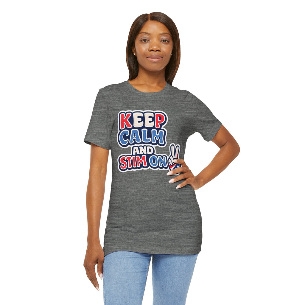 Keep Calm and Stim On Shirt Autism Awareness T Shirt Retro Peace Sign Tee Red White Blue Neurodiversity Sensory Support Gift