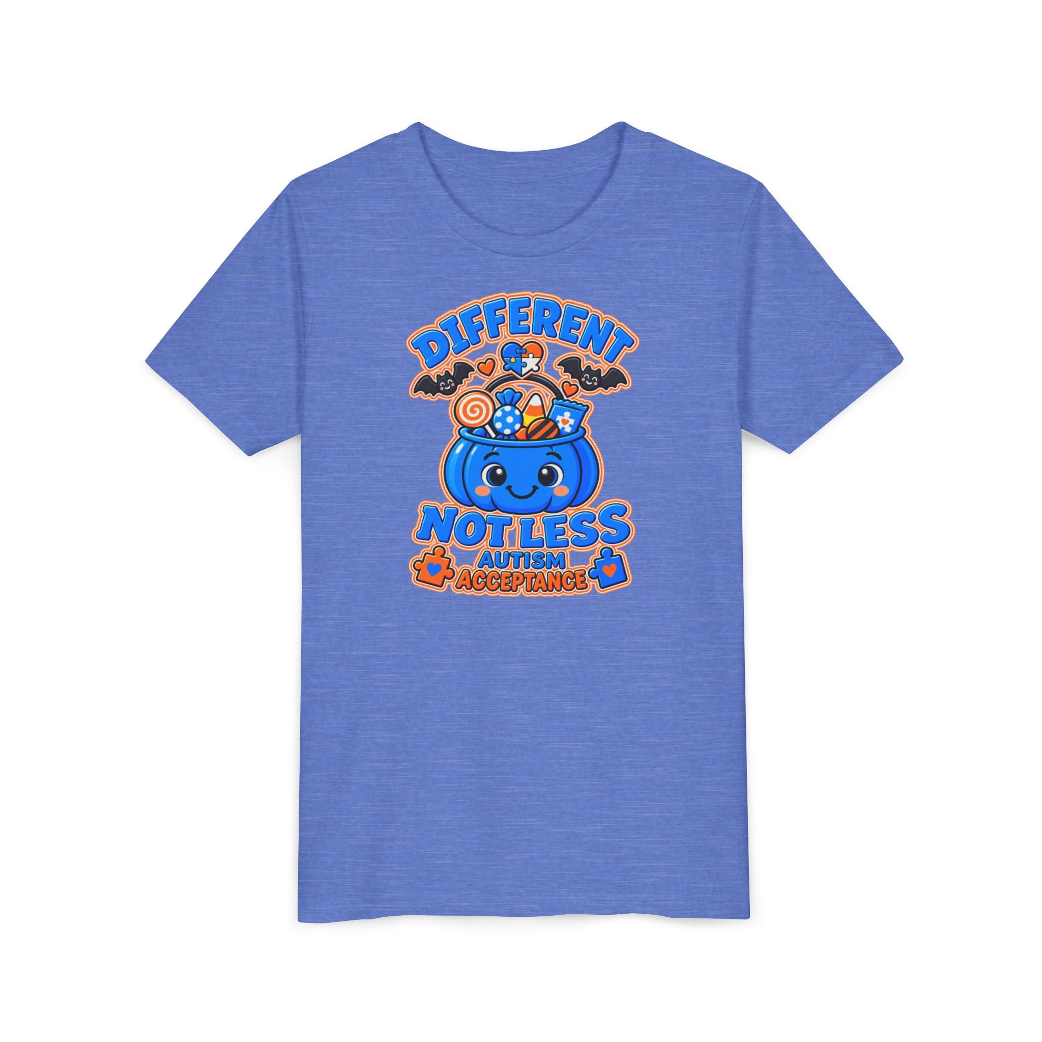 Different Not Less Halloween Shirt, Autism Acceptance Pumpkin Tee, Kids Halloween Autism Awareness T-Shirt, Trick or Treat Bucket Gift