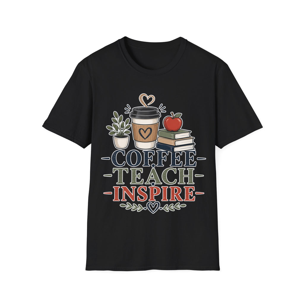 Coffee Teach Inspire Shirt | Teacher T-Shirt | Coffee Books Apple Graphic Tee | Elementary Teacher Gift | Back to School Apparel