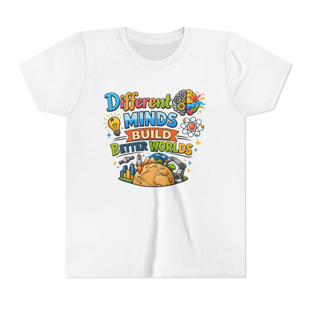 Different Minds Build Better Worlds Youth Tee | STEM, Creativity, Inclusion