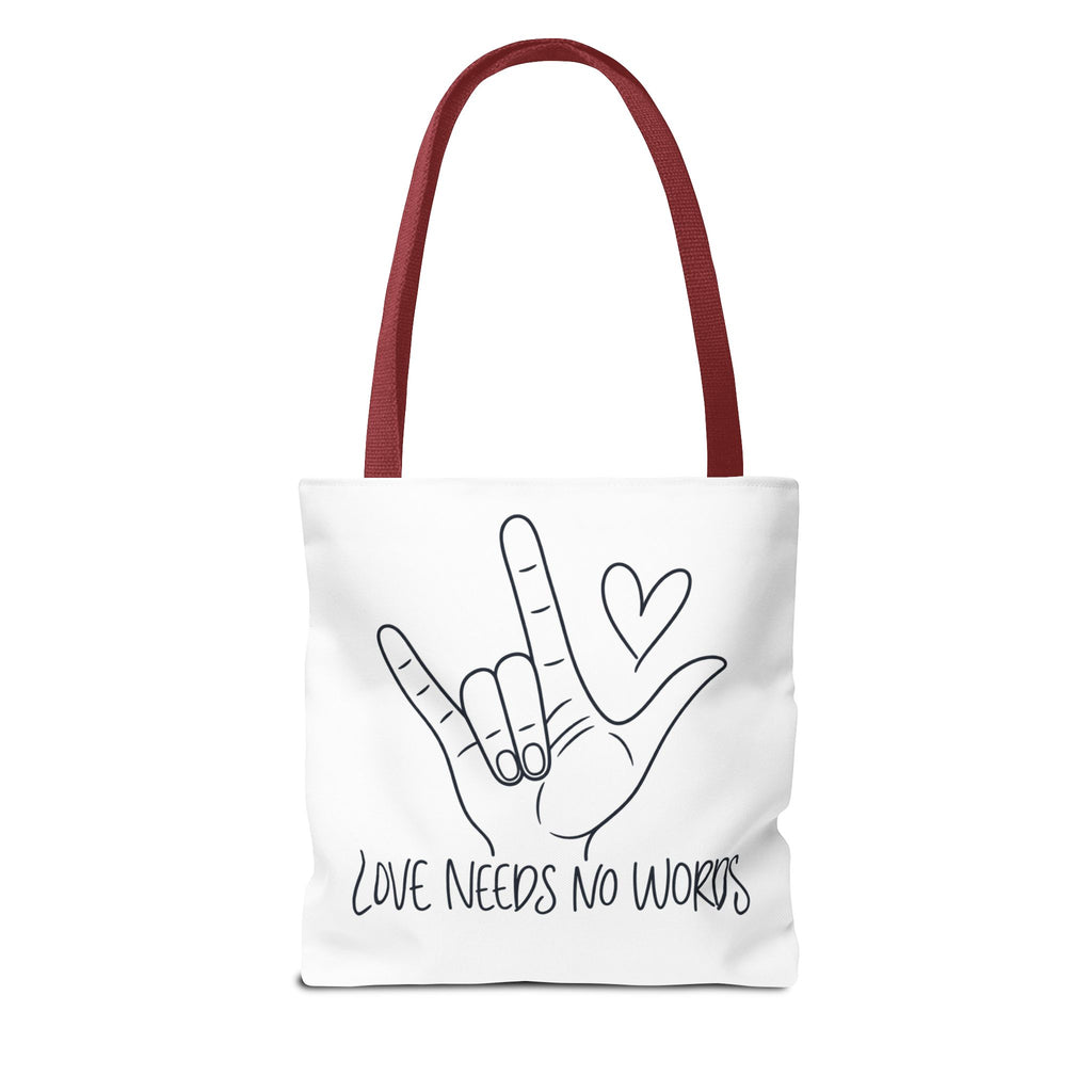 Love Needs No Words Tote Bag, ASL I Love You Hand Illustration Canvas Bag, Autism Acceptance Tote, Sign Language Nonverbal Gift