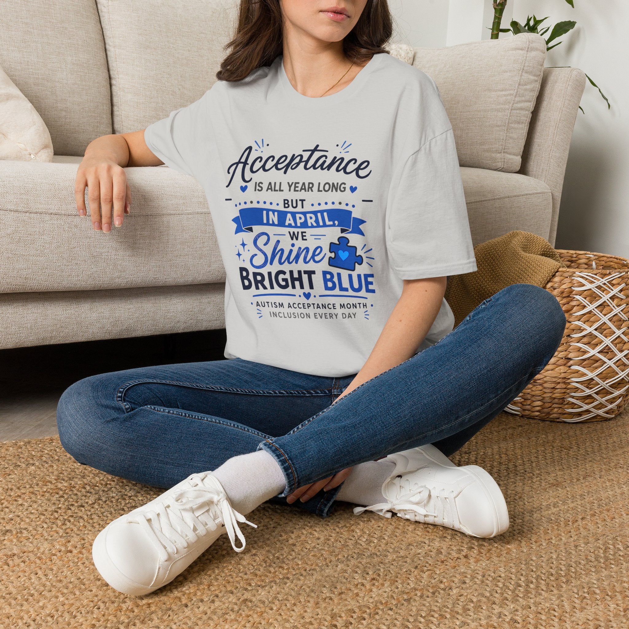 Acceptance Is All Year Long But In April We Shine Bright Blue Shirt, Autism Awareness Month Tee, Light It Up Blue T-Shirt, Autism Gift