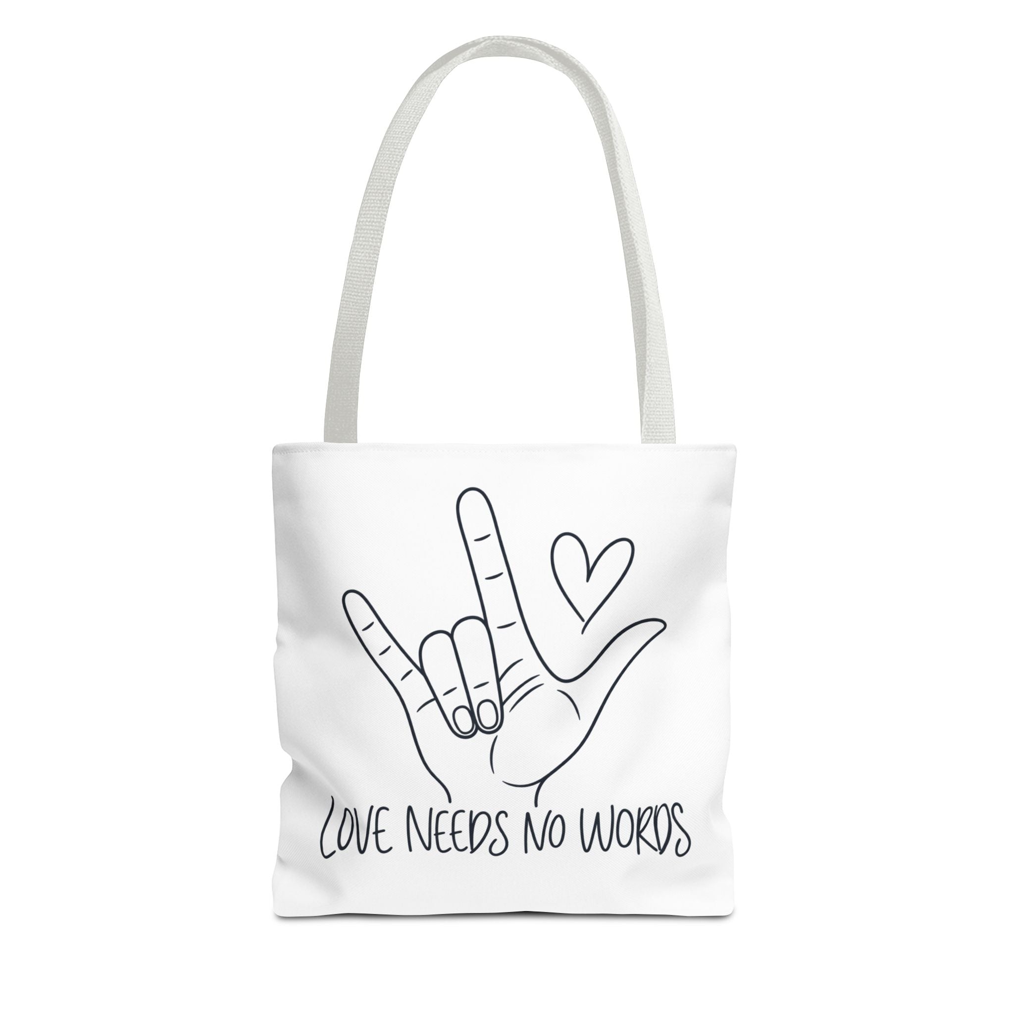Love Needs No Words Tote Bag, ASL I Love You Hand Illustration Canvas Bag, Autism Acceptance Tote, Sign Language Nonverbal Gift
