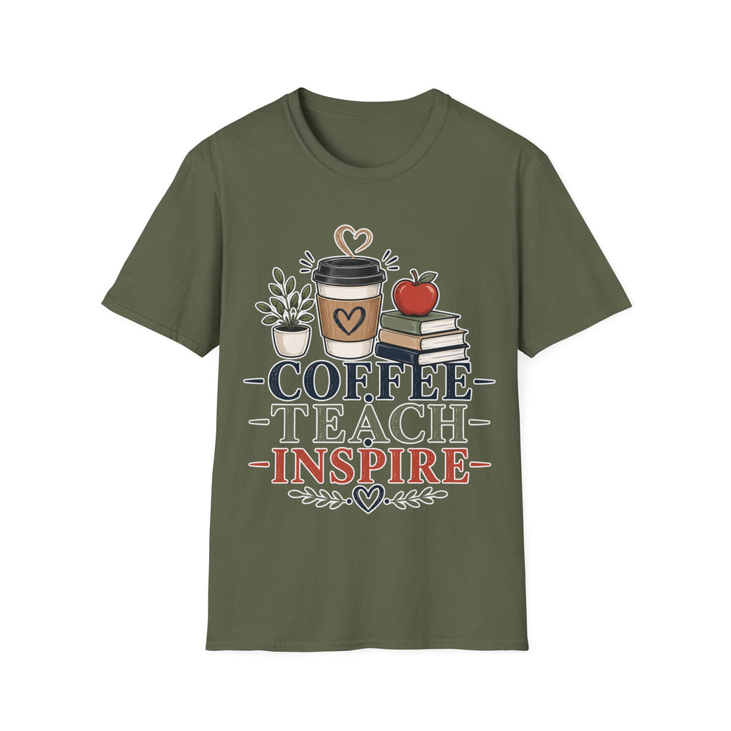 Coffee Teach Inspire Shirt | Teacher T-Shirt | Coffee Books Apple Graphic Tee | Elementary Teacher Gift | Back to School Apparel