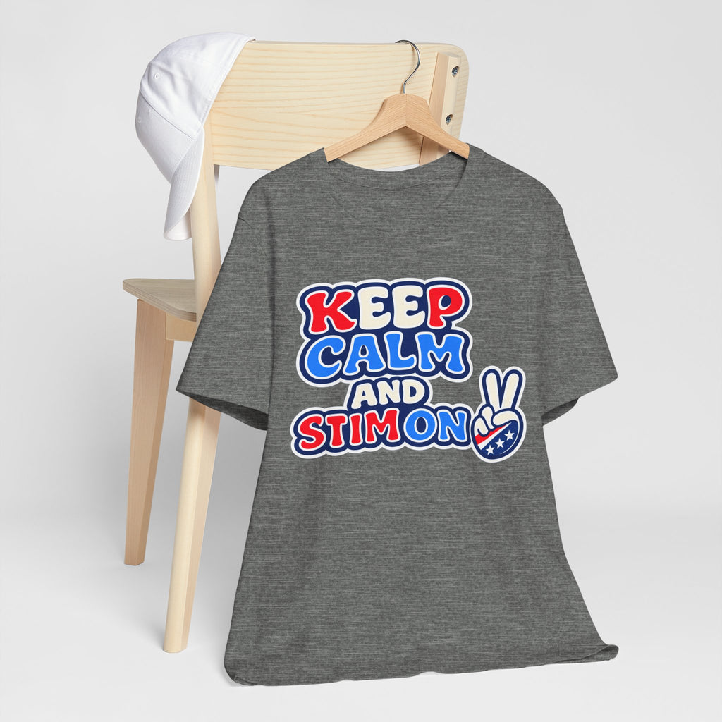 Keep Calm and Stim On Shirt Autism Awareness T Shirt Retro Peace Sign Tee Red White Blue Neurodiversity Sensory Support Gift