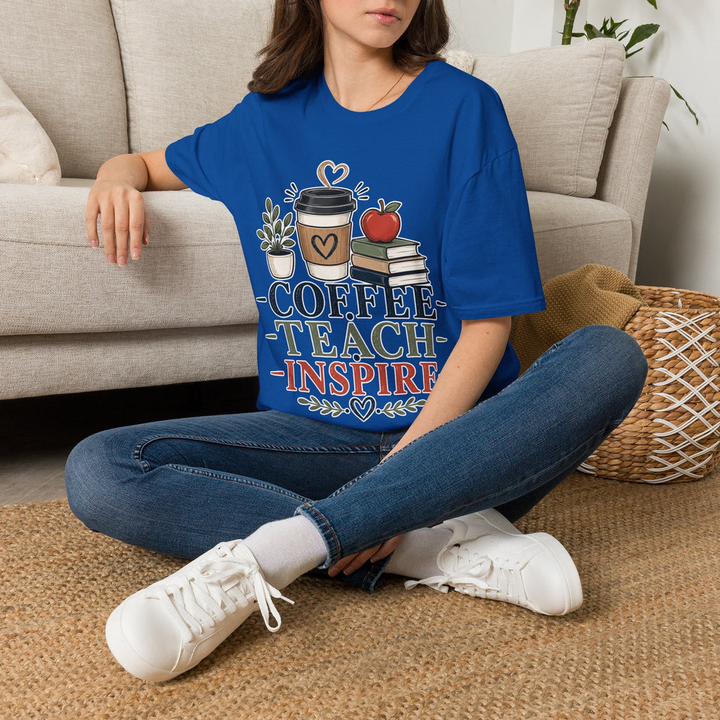Coffee Teach Inspire Shirt | Teacher T-Shirt | Coffee Books Apple Graphic Tee | Elementary Teacher Gift | Back to School Apparel