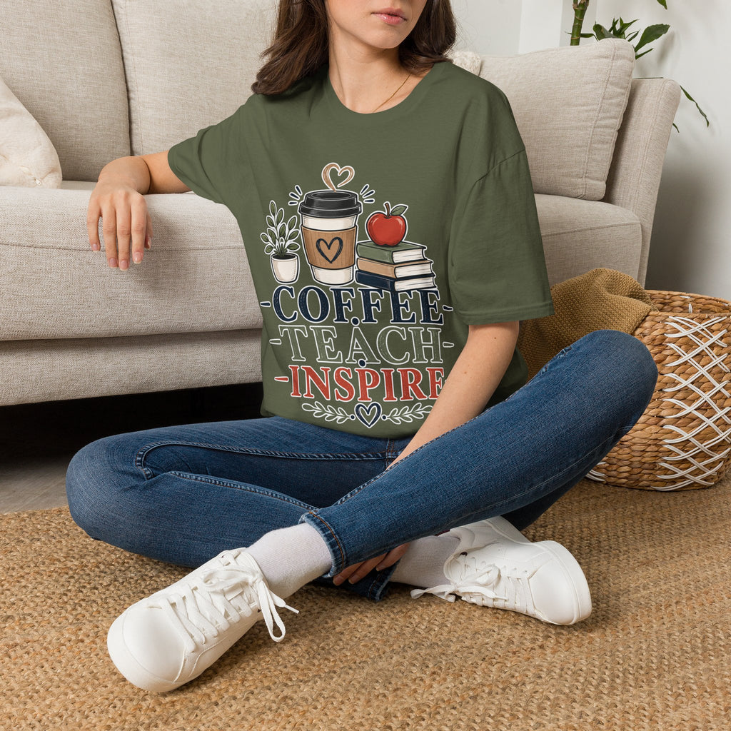 Coffee Teach Inspire Shirt | Teacher T-Shirt | Coffee Books Apple Graphic Tee | Elementary Teacher Gift | Back to School Apparel