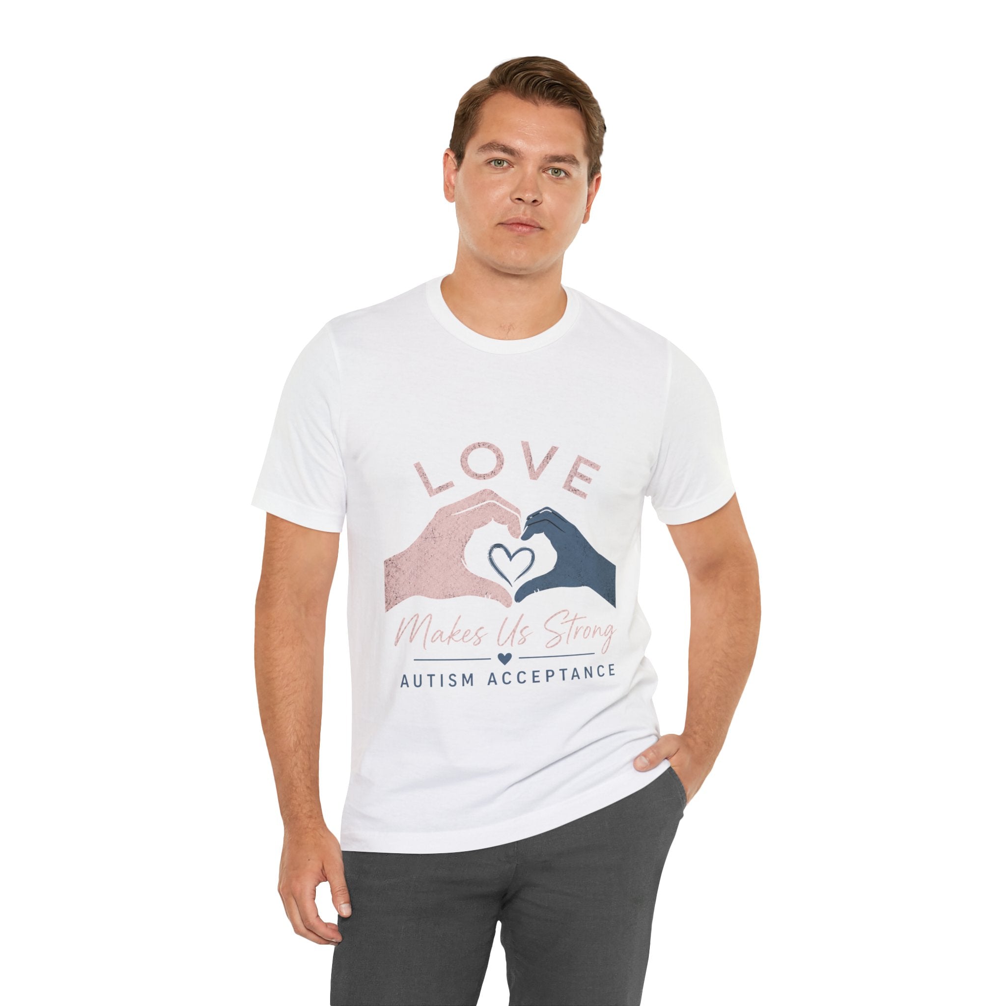 Love Makes Us Strong Autism Acceptance T-Shirt | Heart Hands Tee