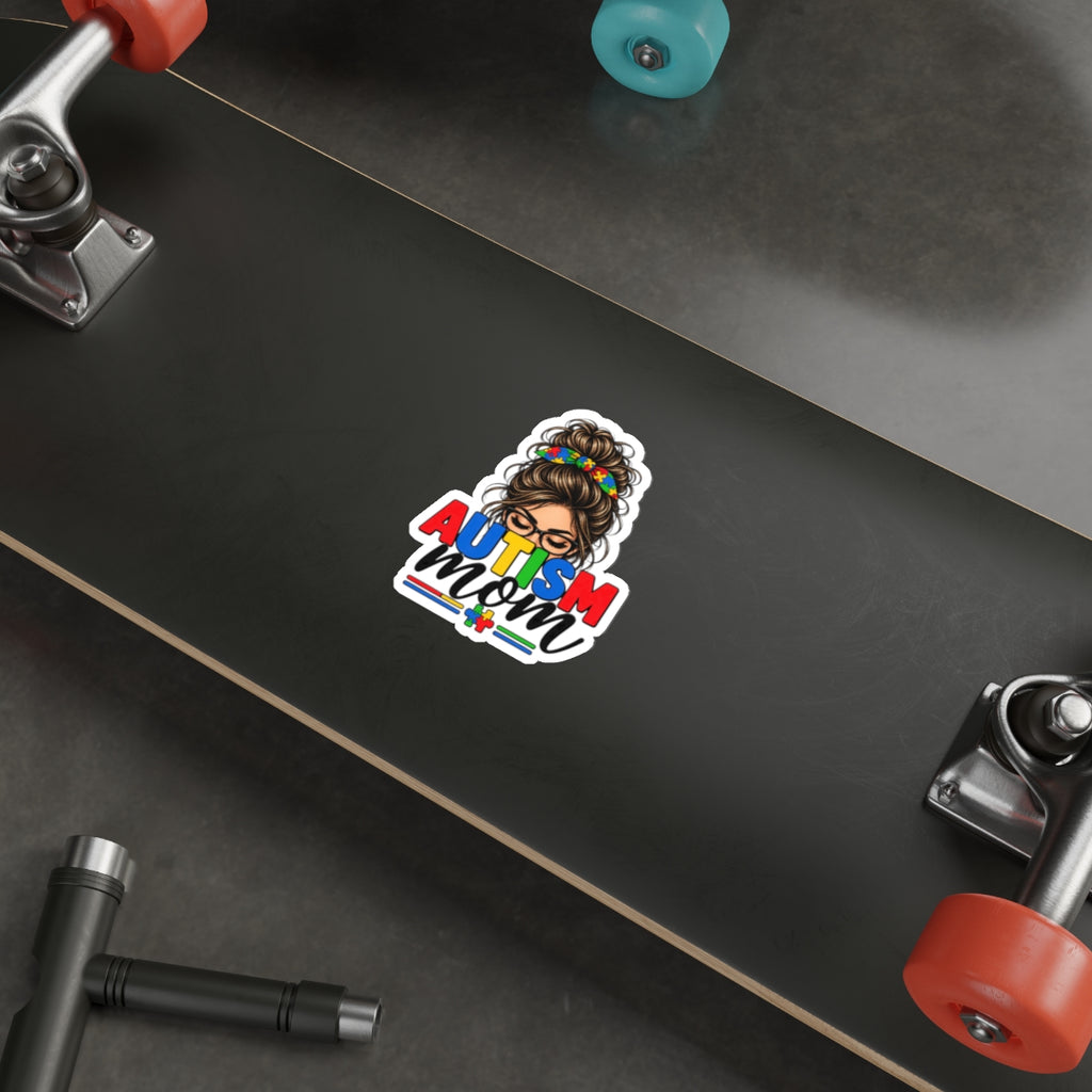 Autism Mom Die-Cut Sticker | Mom with Messy Bun, Puzzle Piece Awareness