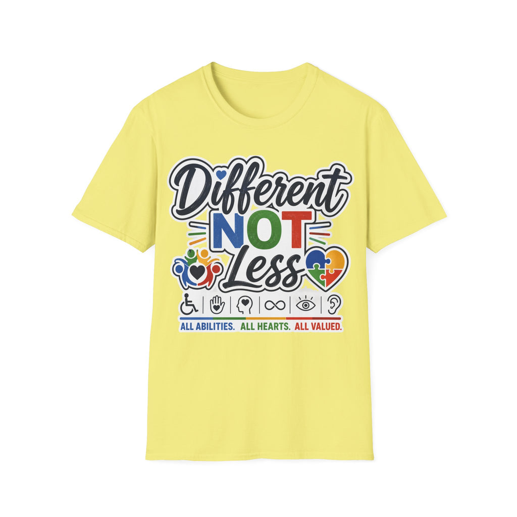 Different NOT Less T-Shirt | Disability Pride, Inclusive Rainbow Design