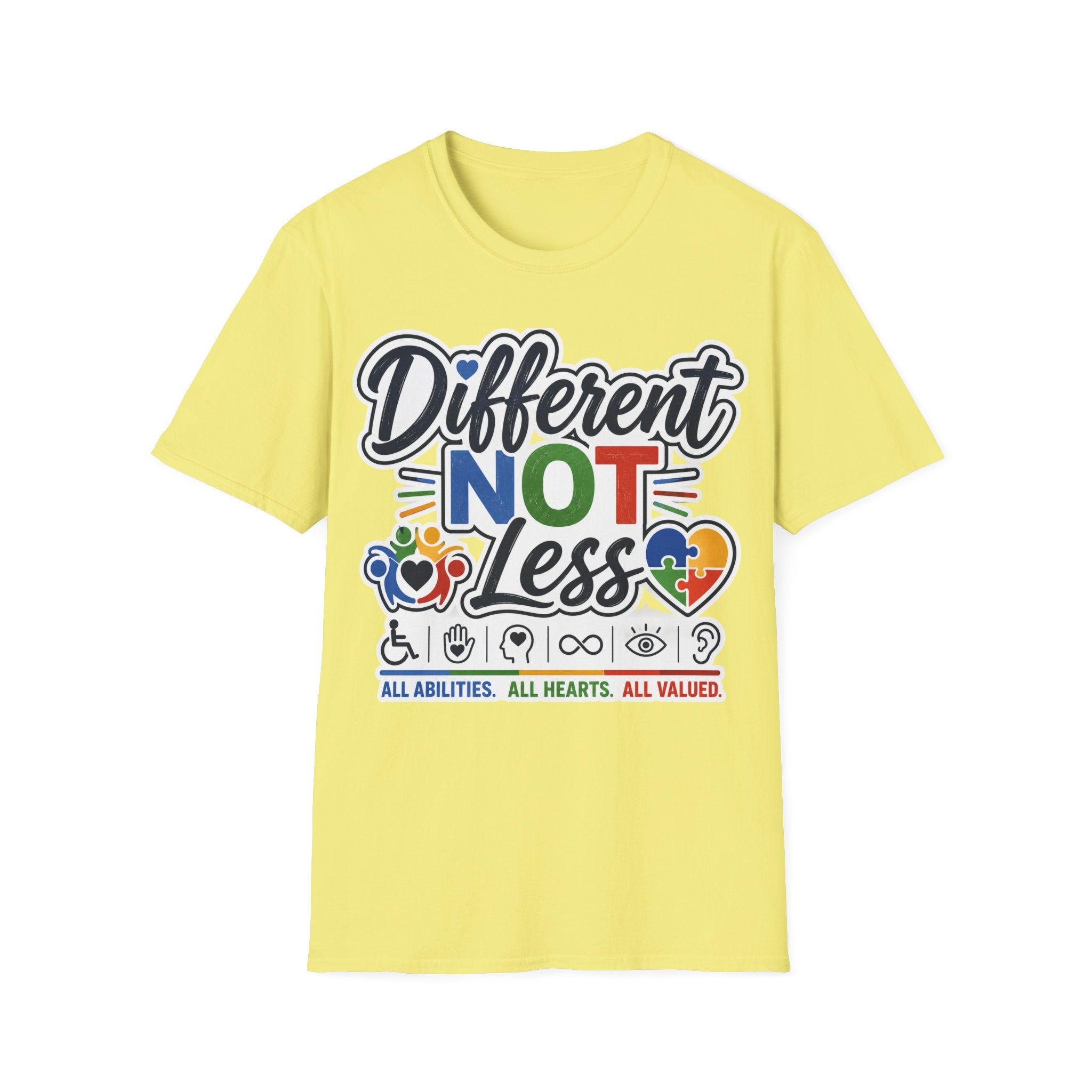 Different NOT Less T-Shirt | Disability Pride, Inclusive Rainbow Design