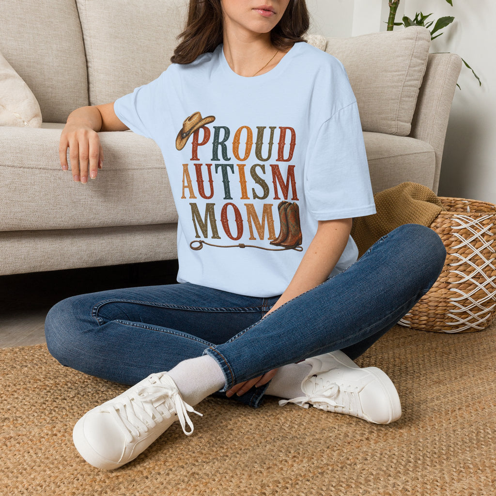 Proud Autism Mom T-Shirt — Rustic Western Cowboy Hat & Boots Design