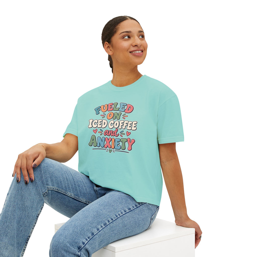 Fueled On Iced Coffee And Anxiety Boxy Tee, Women's Cute Retro Lettering Shirt, Funny Mental Health T-Shirt, Trendy Coffee Lover Gift