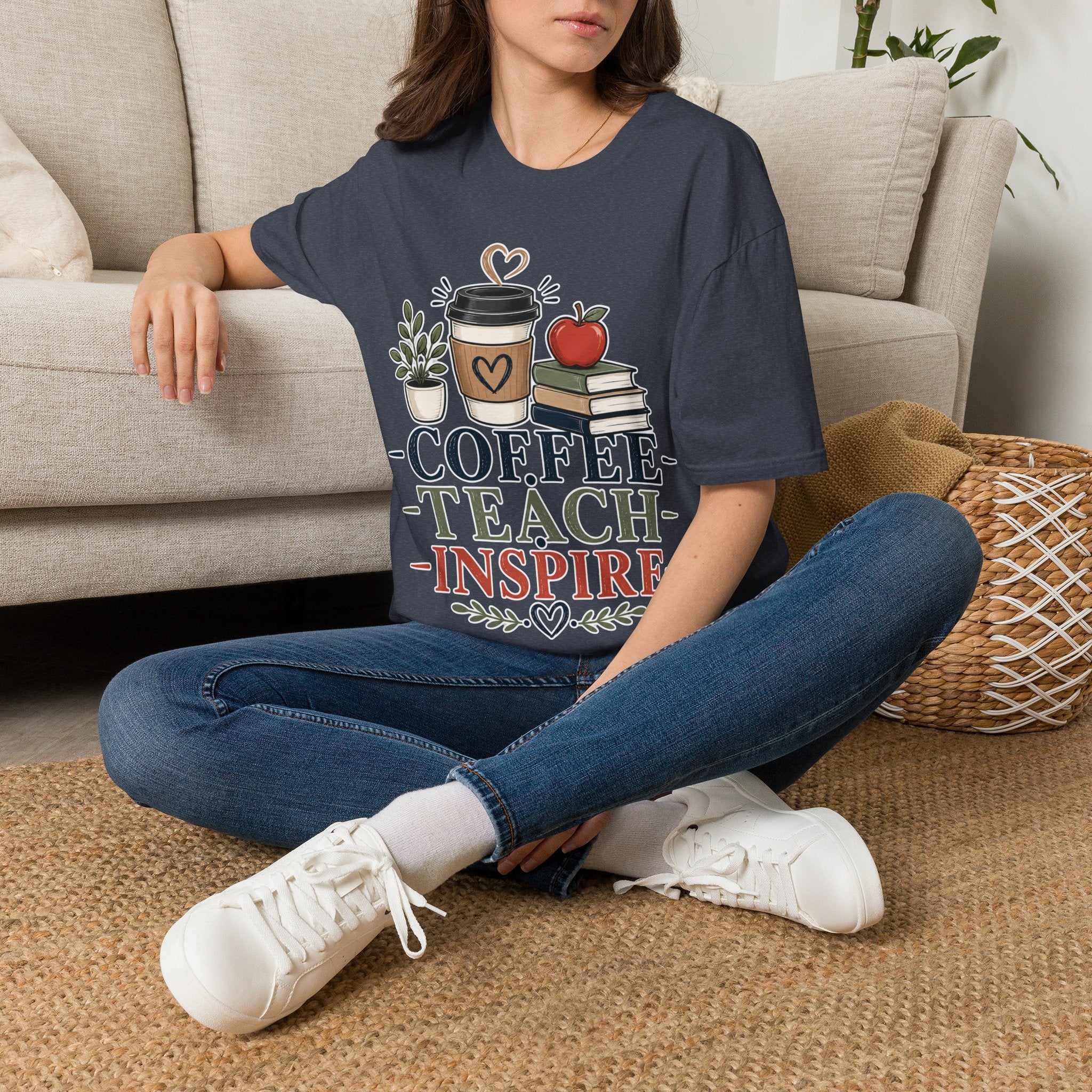 Coffee Teach Inspire Shirt | Teacher T-Shirt | Coffee Books Apple Graphic Tee | Elementary Teacher Gift | Back to School Apparel