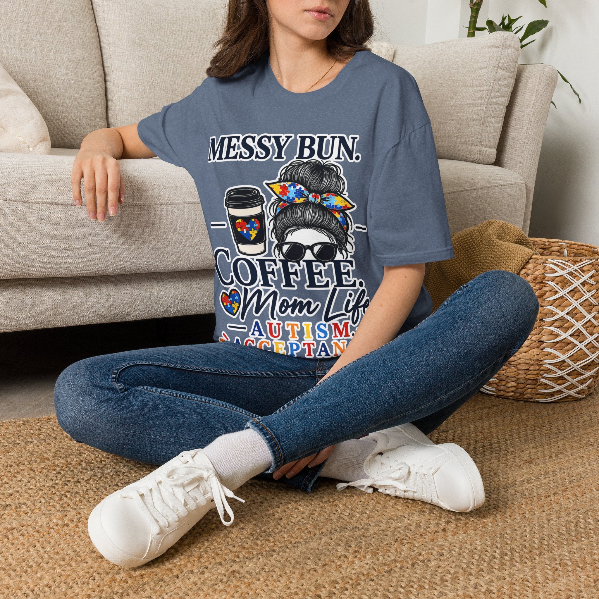 Messy Bun Coffee Mom Life Autism Acceptance Shirt | Autism Mom T-Shirt | Neurodiversity Support Tee | Special Needs Mom Gift