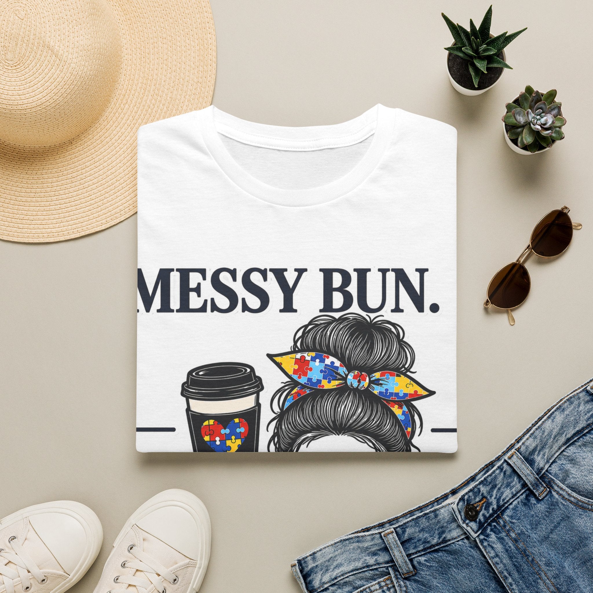 Messy Bun Coffee Mom Life Autism Acceptance Shirt | Autism Mom T-Shirt | Neurodiversity Support Tee | Special Needs Mom Gift