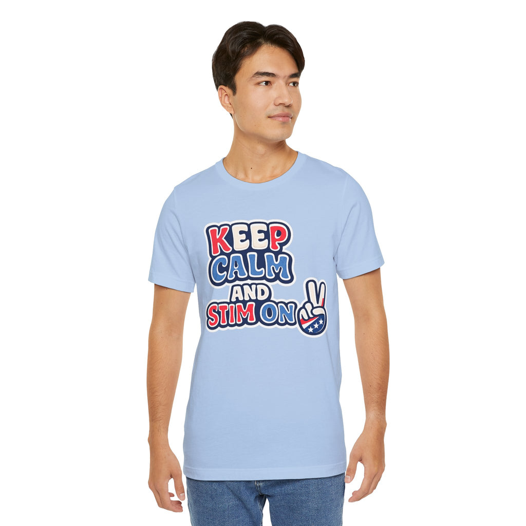Keep Calm and Stim On Shirt Autism Awareness T Shirt Retro Peace Sign Tee Red White Blue Neurodiversity Sensory Support Gift
