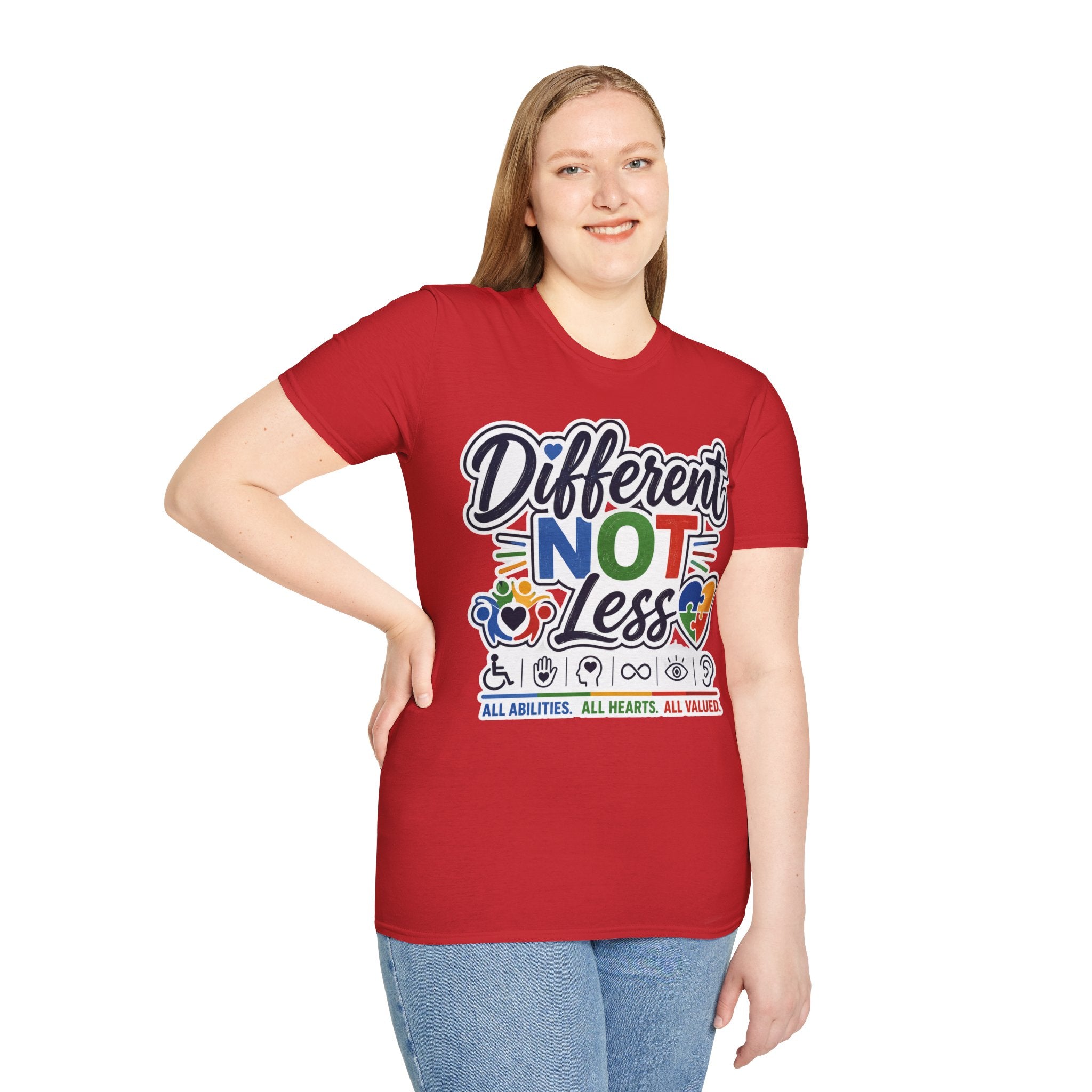 Different NOT Less T-Shirt | Disability Pride, Inclusive Rainbow Design