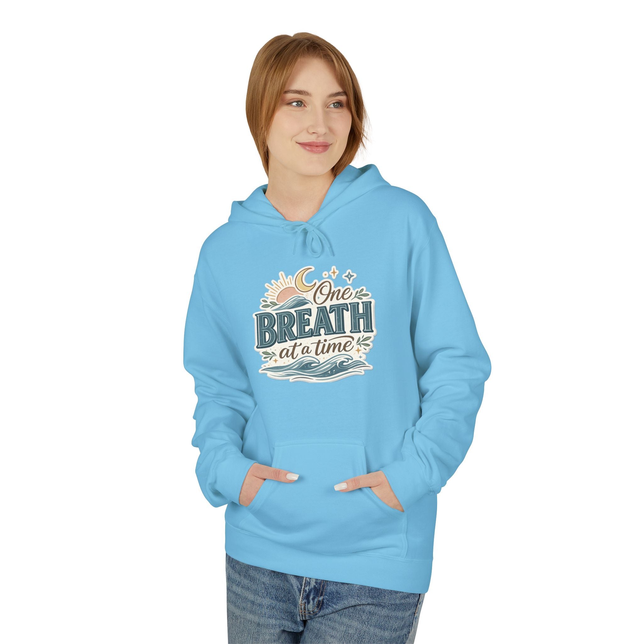 One Breath at a Time Hoodie | Ocean Waves Sun Illustration