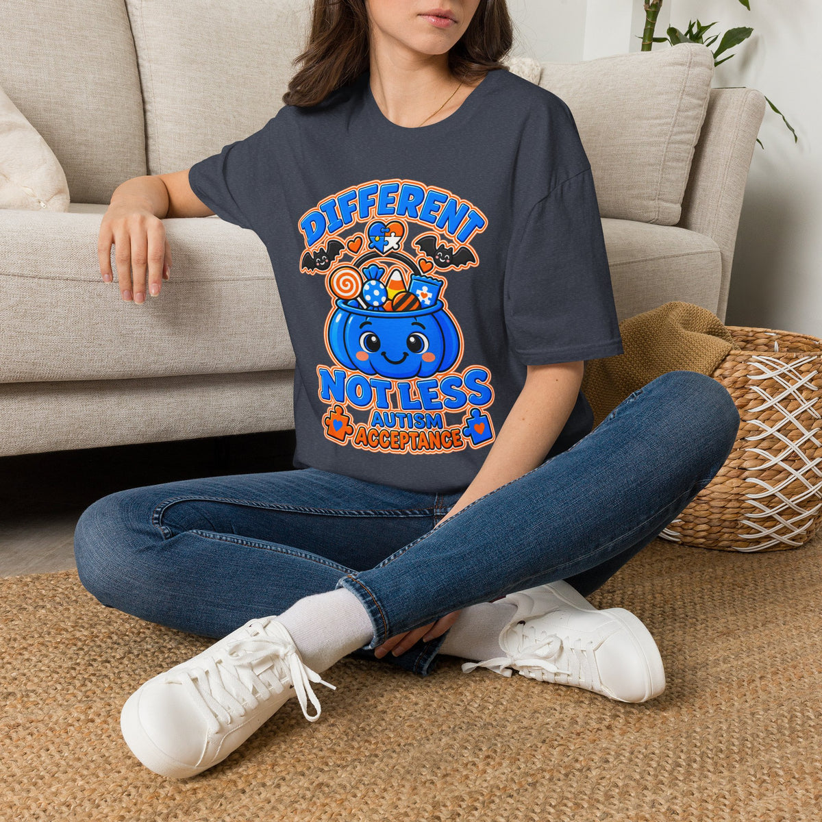 Different Not Less Halloween Shirt, Autism Acceptance Pumpkin Tee, Halloween Autism Awareness T-Shirt, Trick or Treat Bucket Gift
