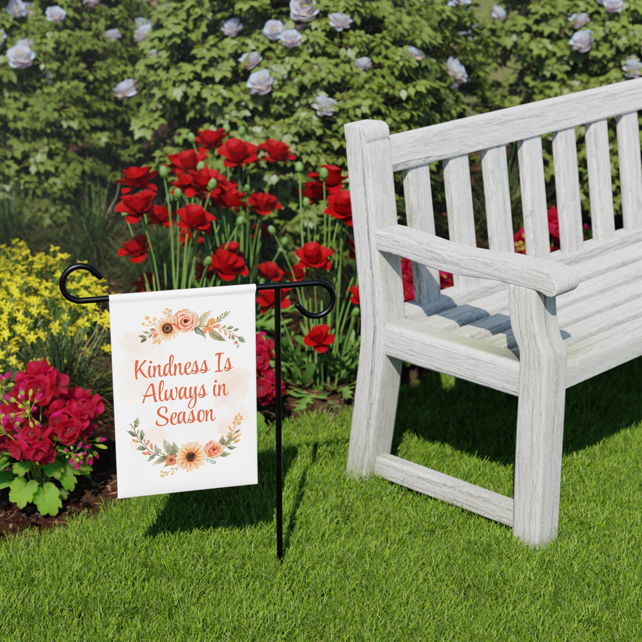 Kindness Is Always in Season Garden Banner | Floral Wreath, Neutral Pastel