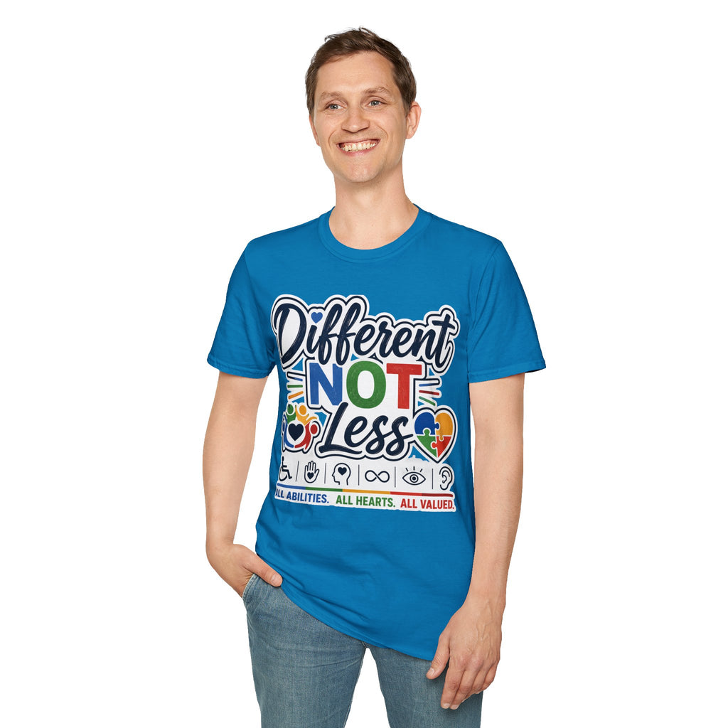 Different NOT Less T-Shirt | Disability Pride, Inclusive Rainbow Design