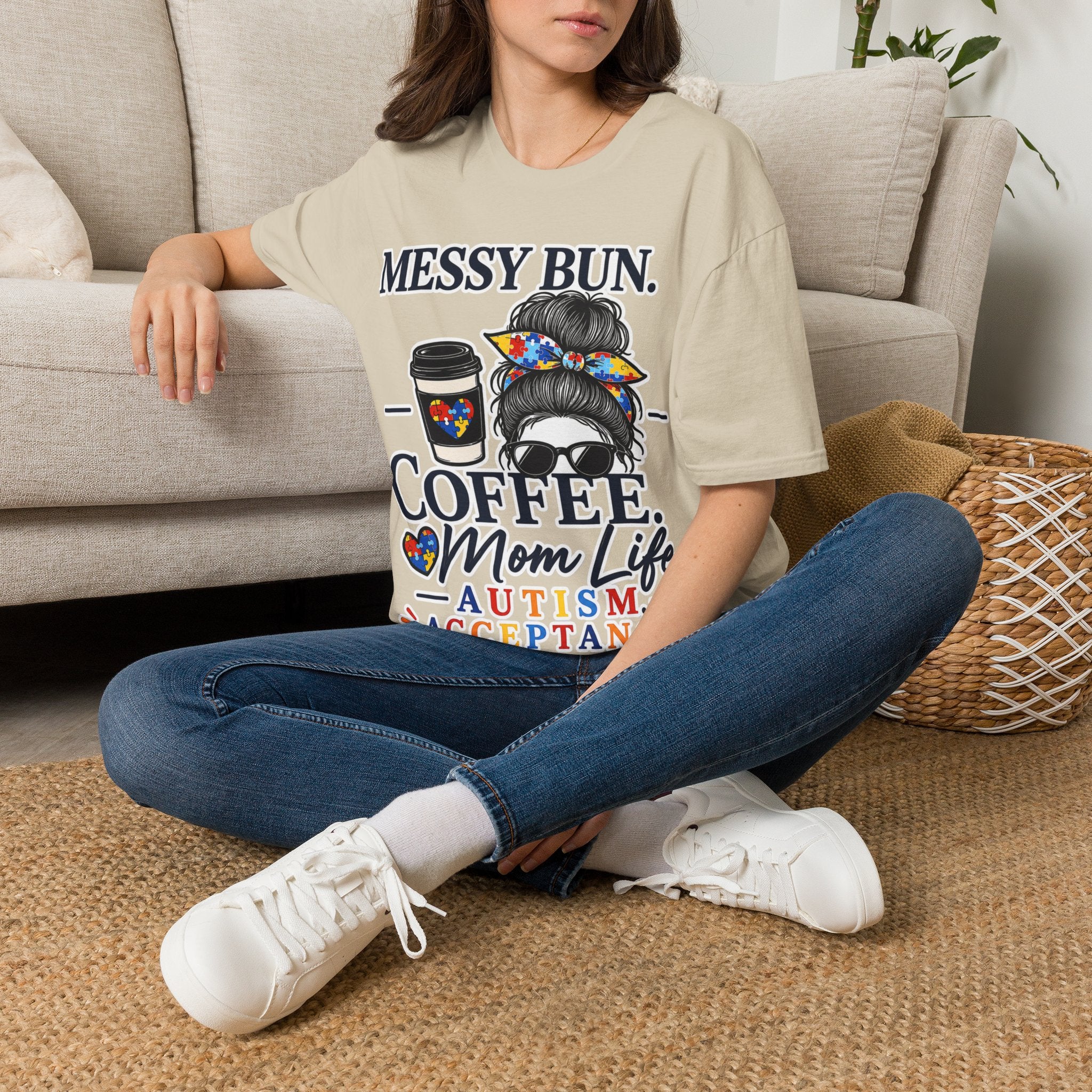 Messy Bun Coffee Mom Life Autism Acceptance Shirt | Autism Mom T-Shirt | Neurodiversity Support Tee | Special Needs Mom Gift