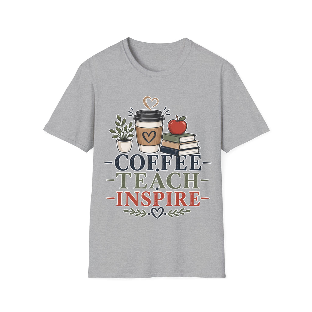 Coffee Teach Inspire Shirt | Teacher T-Shirt | Coffee Books Apple Graphic Tee | Elementary Teacher Gift | Back to School Apparel
