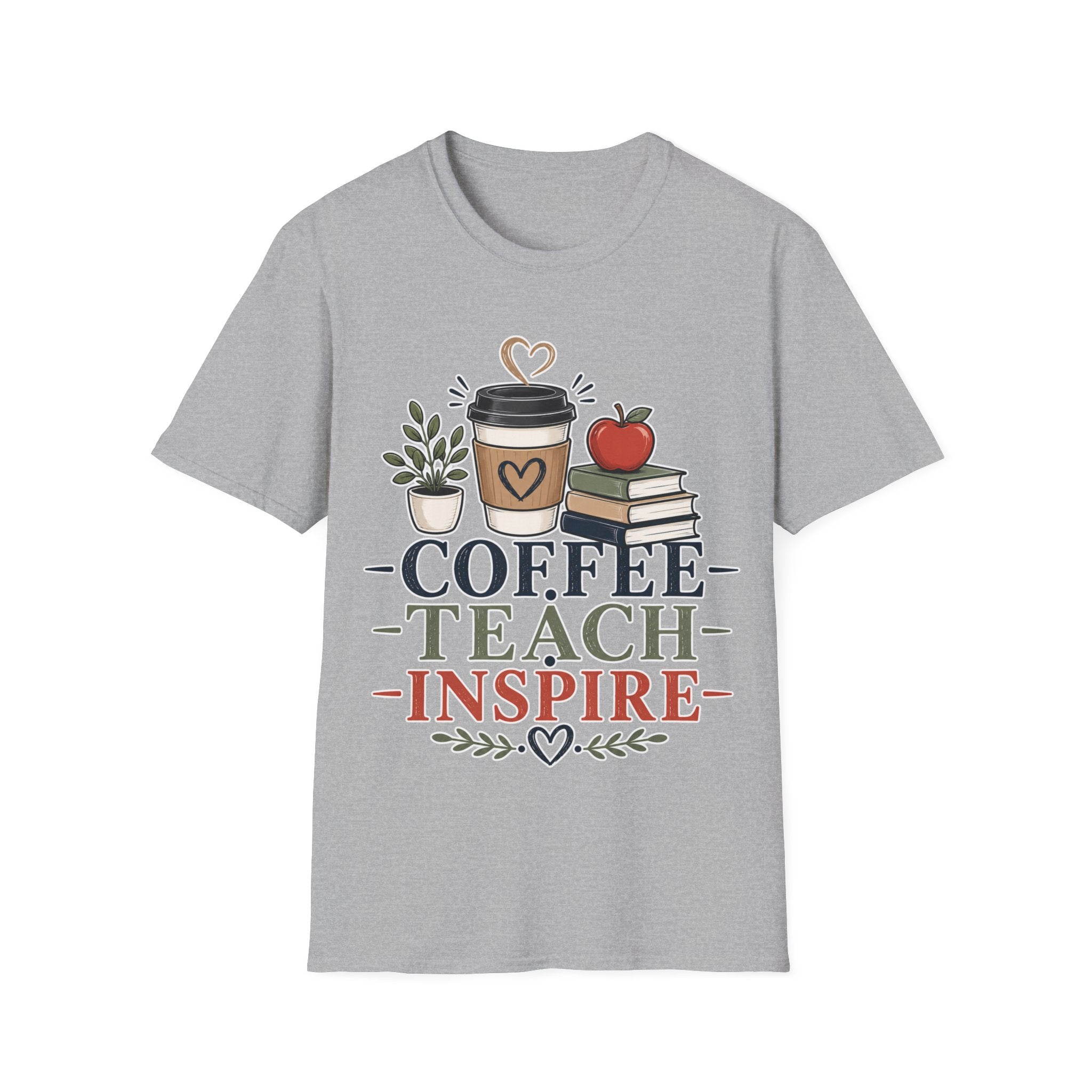 Coffee Teach Inspire Shirt | Teacher T-Shirt | Coffee Books Apple Graphic Tee | Elementary Teacher Gift | Back to School Apparel