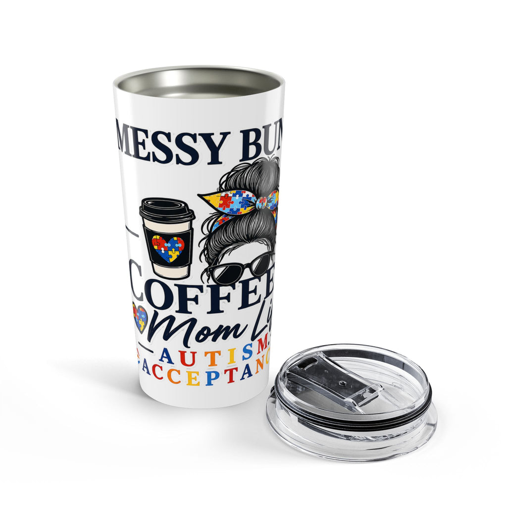 Autism Acceptance Coffee Mom 20oz Tumbler | Messy Bun Travel Mug | Puzzle Heart Insulated Cup | Special Needs Mom Gift