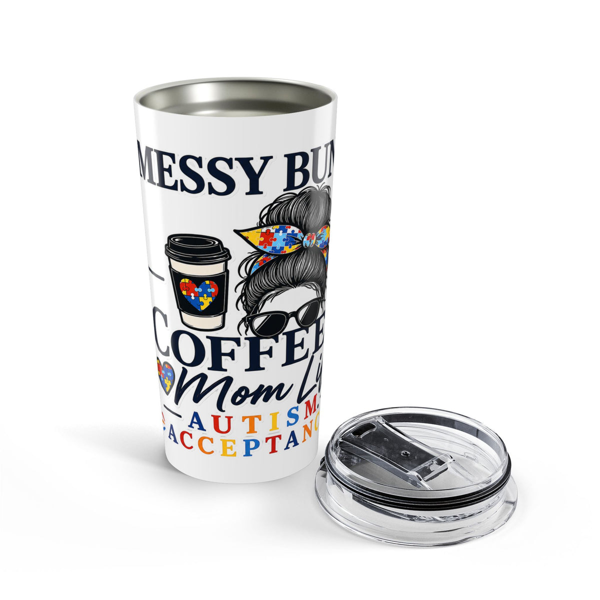 Autism Acceptance Coffee Mom 20oz Tumbler | Messy Bun Travel Mug | Puzzle Heart Insulated Cup | Special Needs Mom Gift