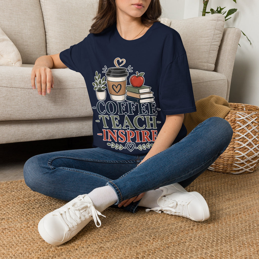 Coffee Teach Inspire Shirt | Teacher T-Shirt | Coffee Books Apple Graphic Tee | Elementary Teacher Gift | Back to School Apparel