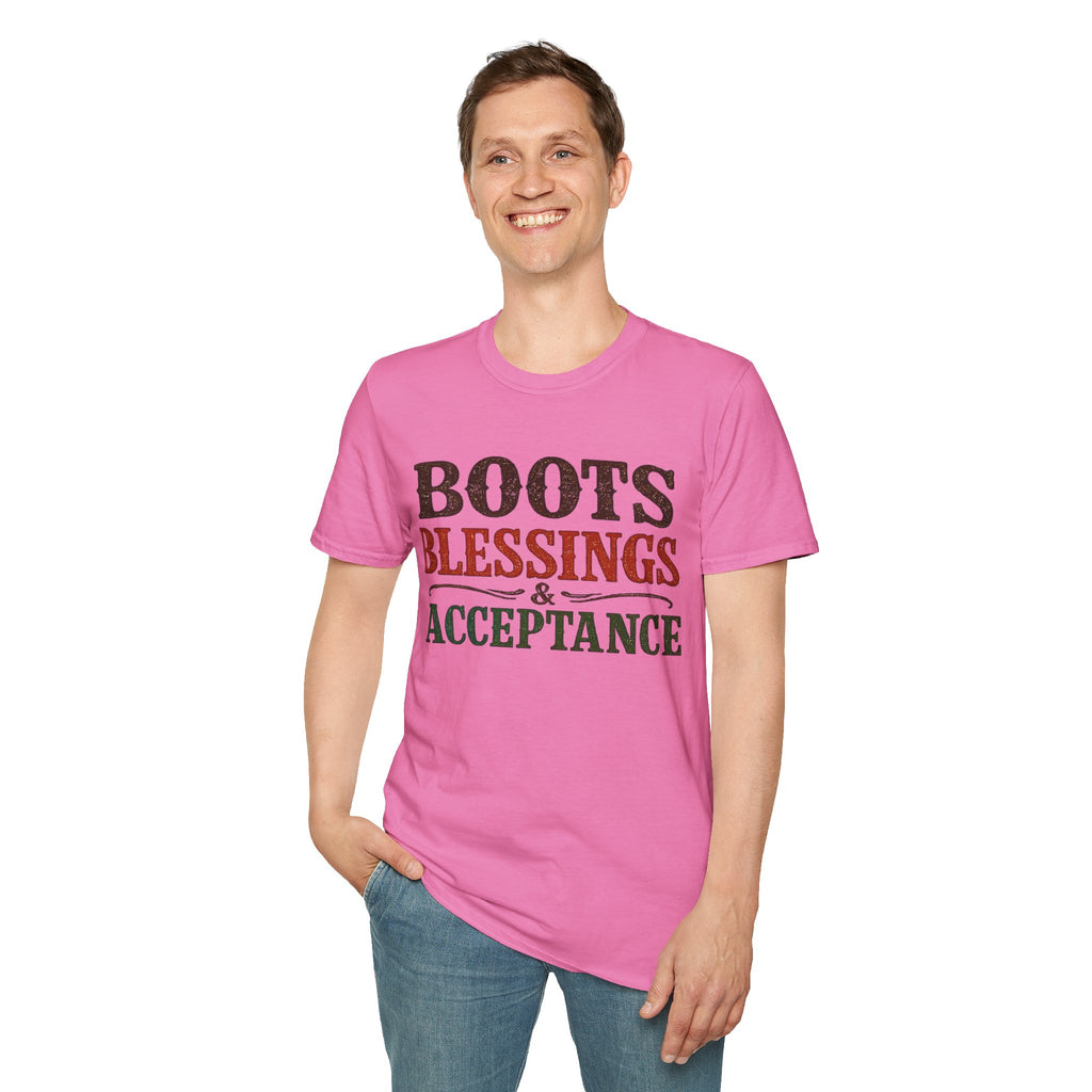Boots Blessings & Acceptance T-Shirt | Western Typography, Rustic Faith Tee