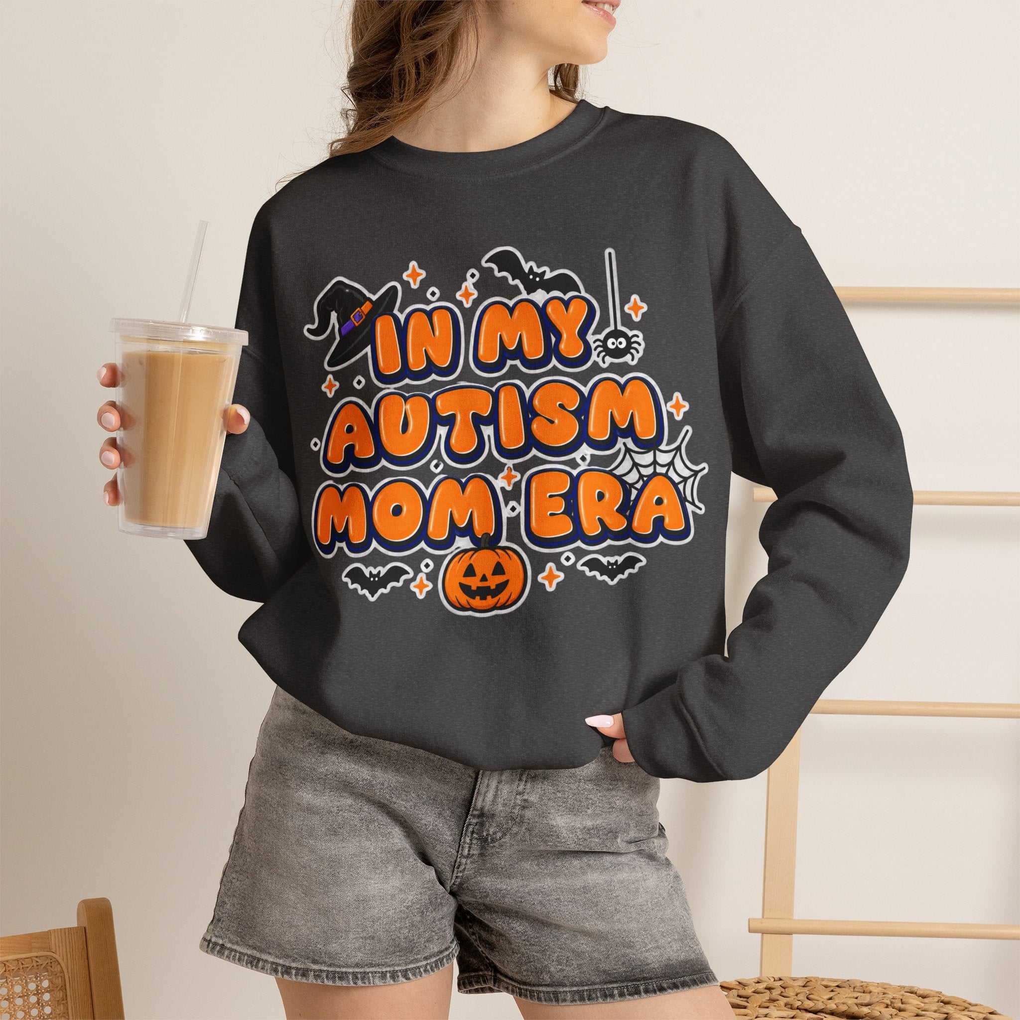 In My Autism Mom Era Sweatshirt, Halloween Pumpkin Bats Witch Hat Crewneck, Autism Awareness Fall Shirt, Autism Mom Halloween Gift