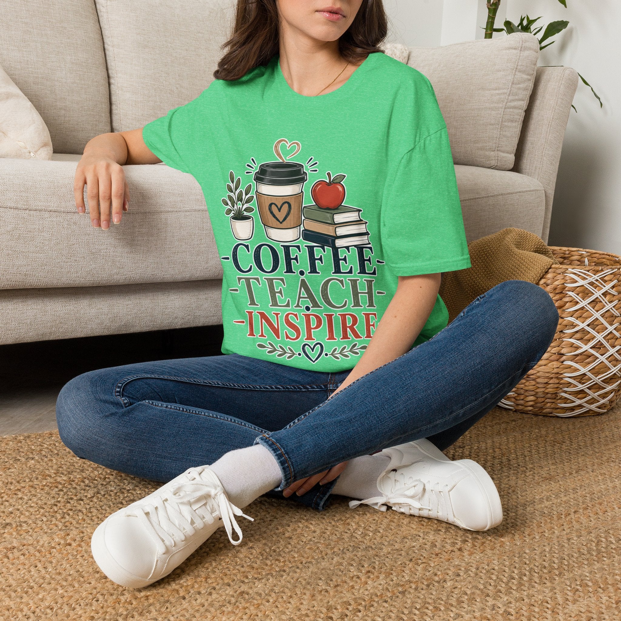 Coffee Teach Inspire Shirt | Teacher T-Shirt | Coffee Books Apple Graphic Tee | Elementary Teacher Gift | Back to School Apparel