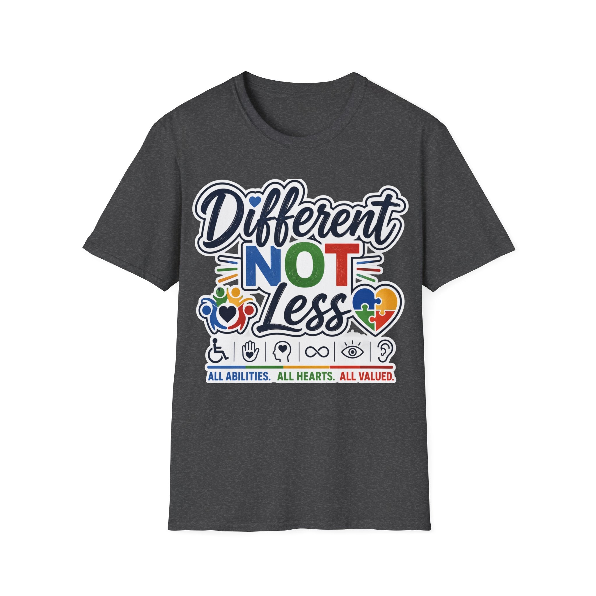 Different NOT Less T-Shirt | Disability Pride, Inclusive Rainbow Design