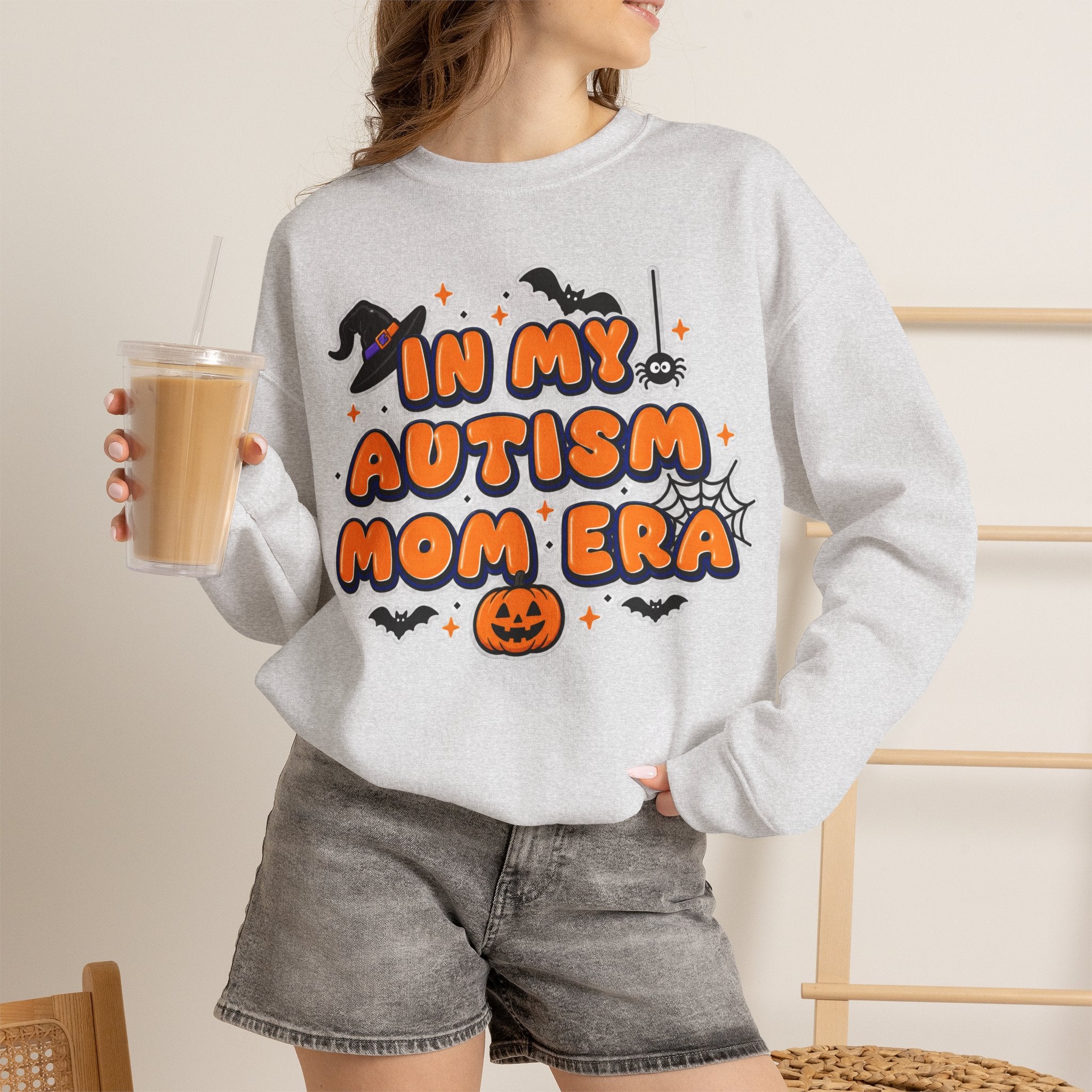 In My Autism Mom Era Sweatshirt, Halloween Pumpkin Bats Witch Hat Crewneck, Autism Awareness Fall Shirt, Autism Mom Halloween Gift