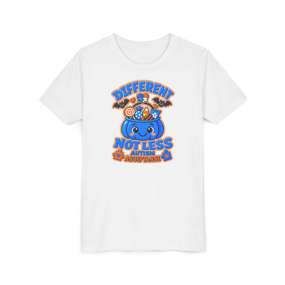 Different Not Less Halloween Shirt, Autism Acceptance Pumpkin Tee, Kids Halloween Autism Awareness T-Shirt, Trick or Treat Bucket Gift