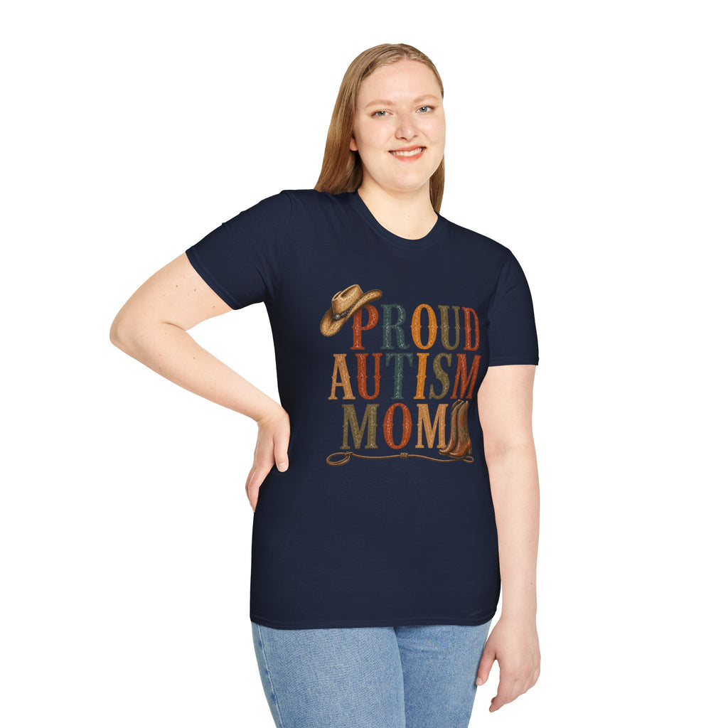 Proud Autism Mom T-Shirt — Rustic Western Cowboy Hat & Boots Design