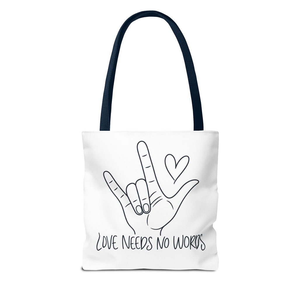 Love Needs No Words Tote Bag, ASL I Love You Hand Illustration Canvas Bag, Autism Acceptance Tote, Sign Language Nonverbal Gift