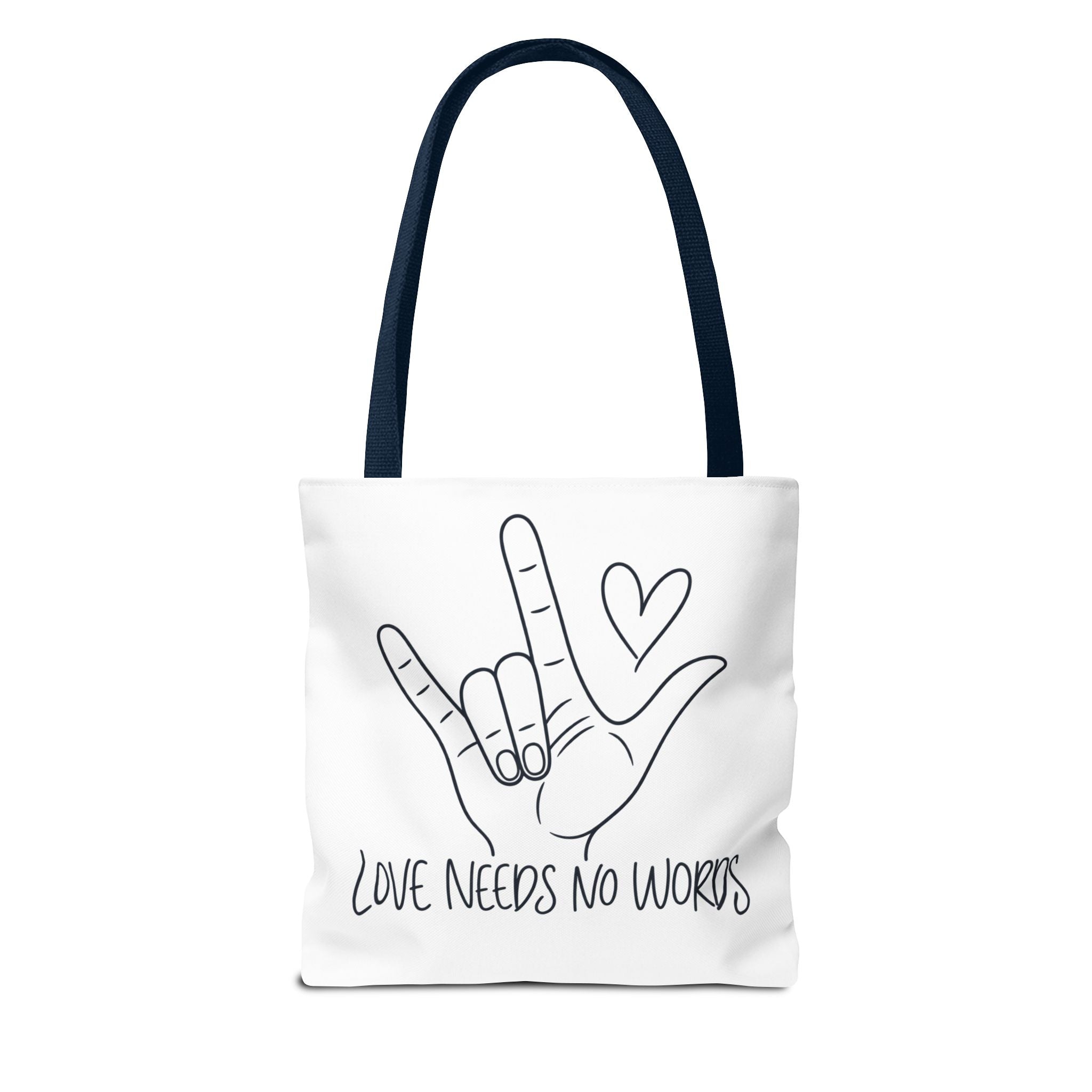 Love Needs No Words Tote Bag, ASL I Love You Hand Illustration Canvas Bag, Autism Acceptance Tote, Sign Language Nonverbal Gift