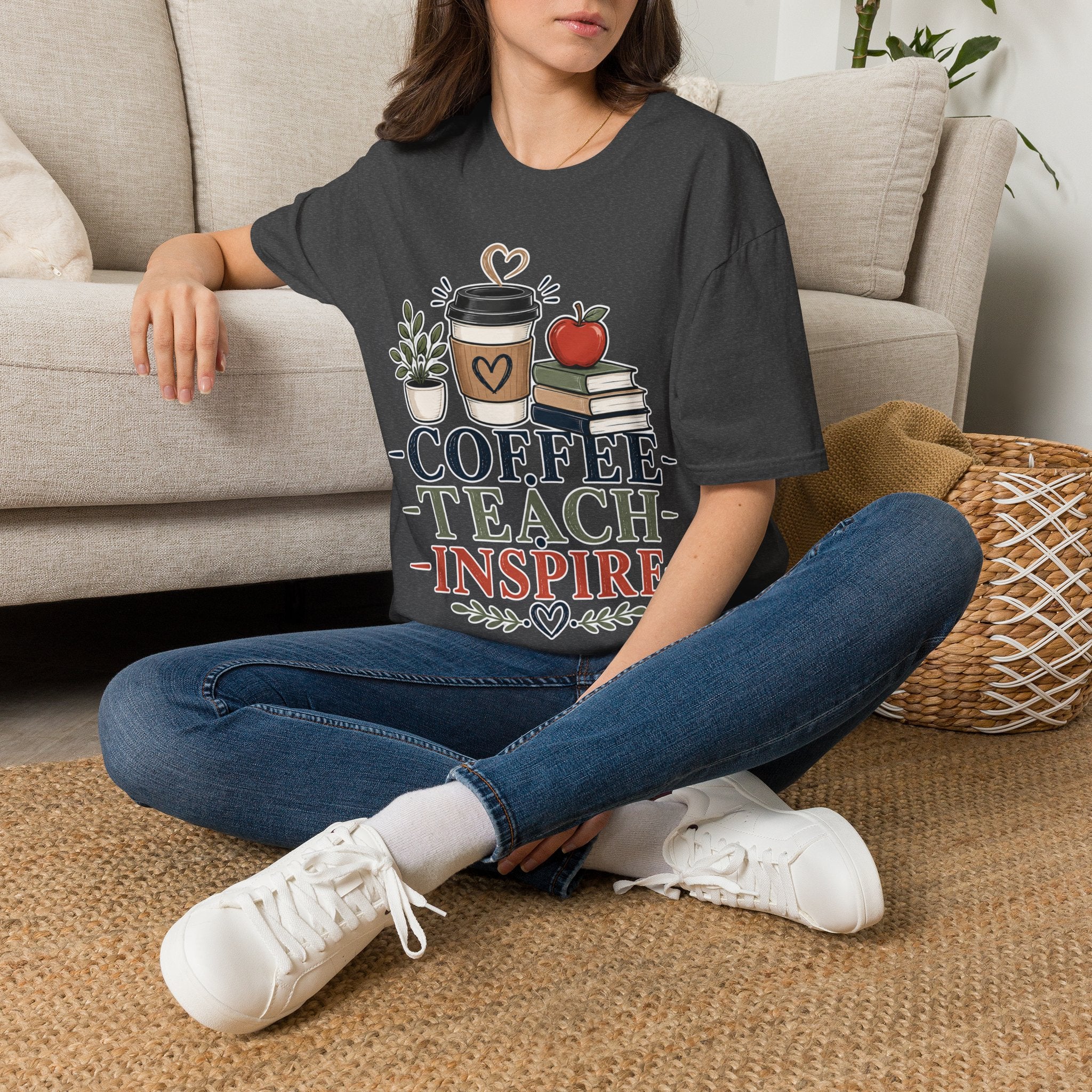 Coffee Teach Inspire Shirt | Teacher T-Shirt | Coffee Books Apple Graphic Tee | Elementary Teacher Gift | Back to School Apparel