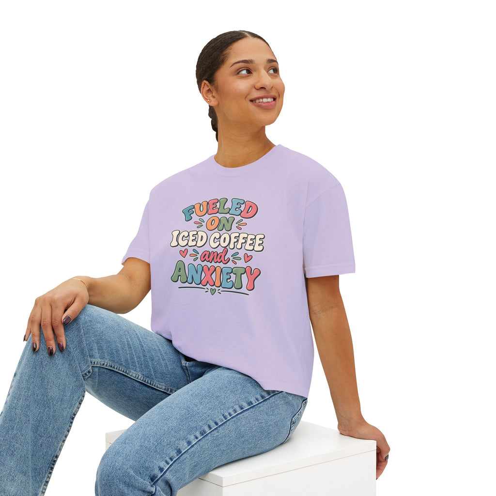 Fueled On Iced Coffee And Anxiety Boxy Tee, Women's Cute Retro Lettering Shirt, Funny Mental Health T-Shirt, Trendy Coffee Lover Gift