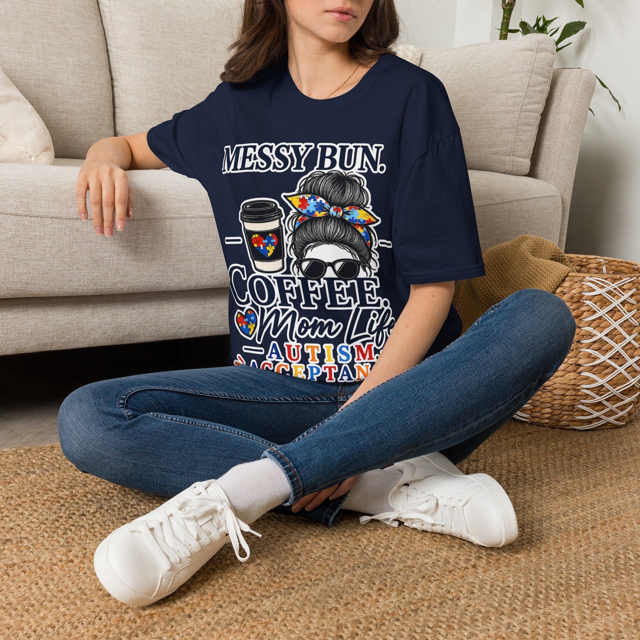 Messy Bun Coffee Mom Life Autism Acceptance Shirt | Autism Mom T-Shirt | Neurodiversity Support Tee | Special Needs Mom Gift