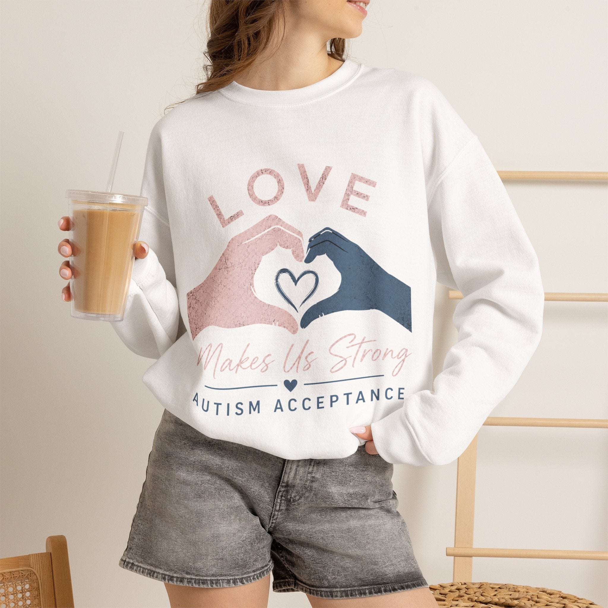 Autism Acceptance Sweatshirt | Love Makes Us Strong Crewneck | Heart Hands Sweatshirt | Neurodiversity Gift | Inclusion Apparel