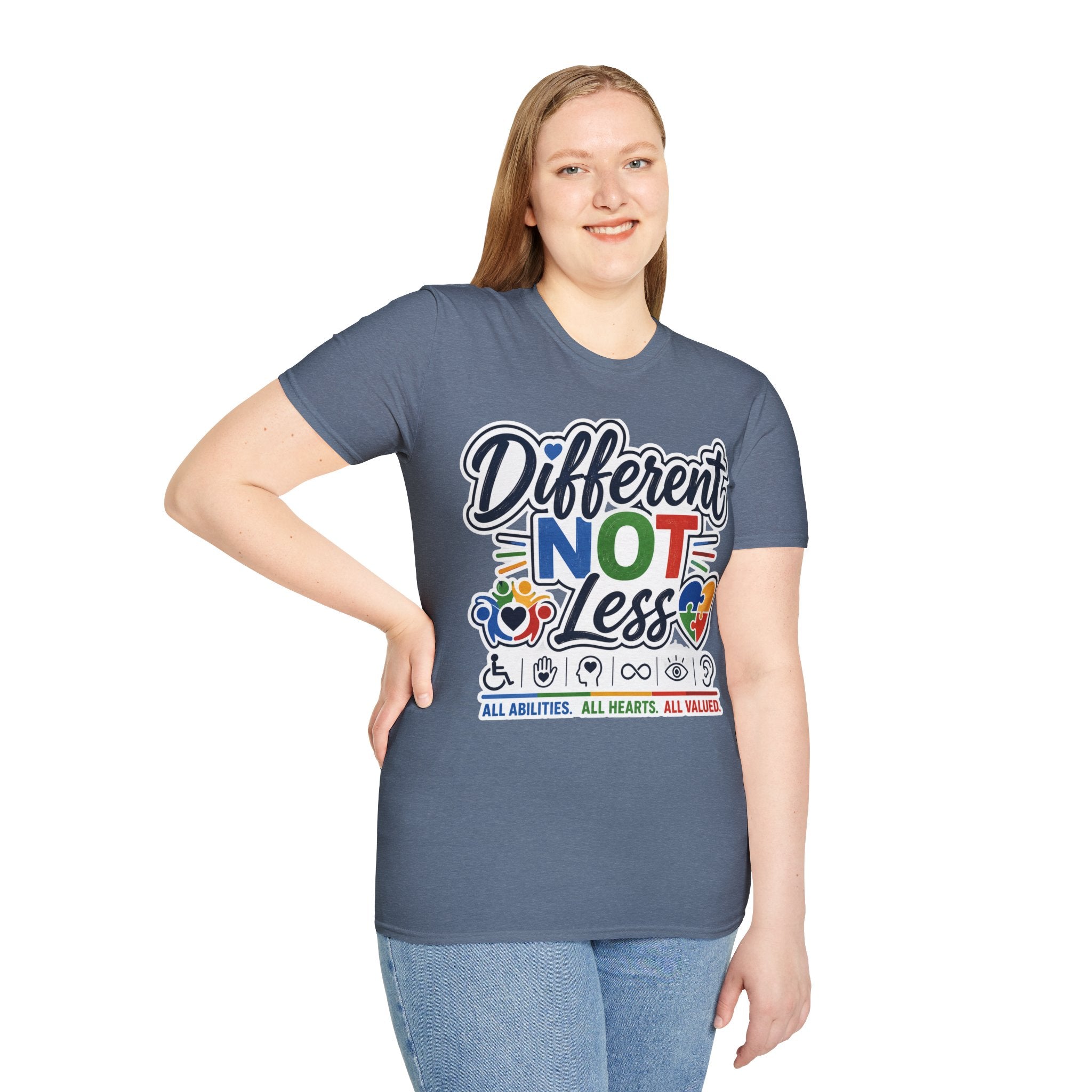 Different NOT Less T-Shirt | Disability Pride, Inclusive Rainbow Design