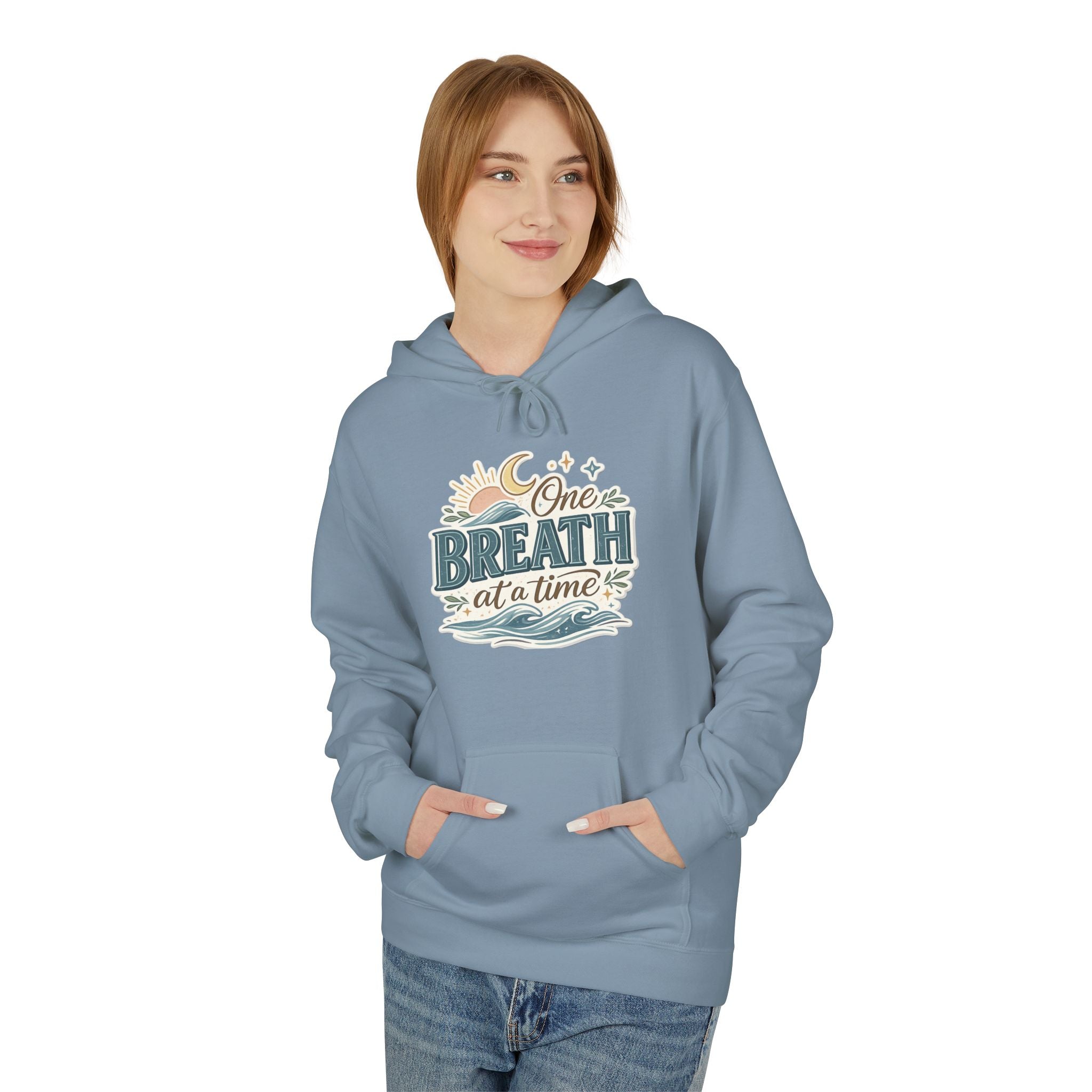 One Breath at a Time Hoodie | Ocean Waves Sun Illustration